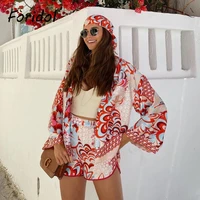 foridol print red shorts set women vintage beach oversized red pant sets suits wide leg two pieces matching set female clothing