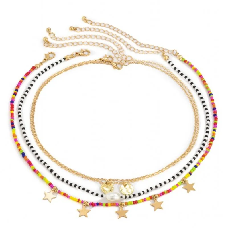 

1 Set Boho Multi-layer Necklaces For Women Girls Boho Trendy Star Heart Pendant Rice Beads Choker Necklace Fashion Jewelry Gifts