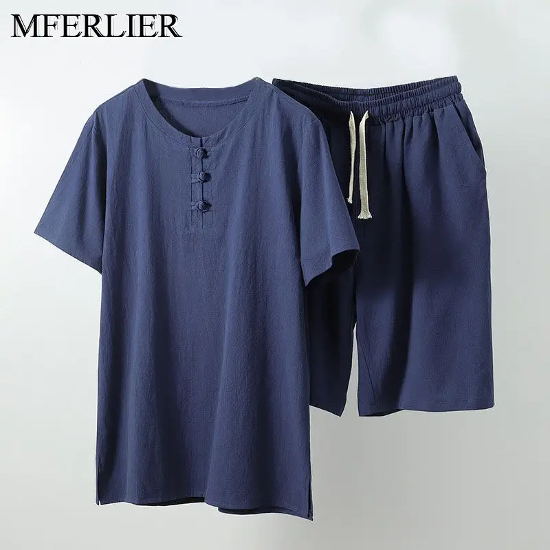 

Summer plus size 7XL 8XL 9XL linenT-shirt for Men Short Sleeve tees and shorts china style oversize vintage tshirt khaki 68 70