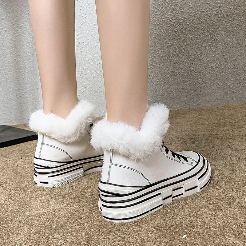 Shoes Woman Leather Winter Warm Plush Casual Vulcanized Lace-up chunky Platform Fur Ladies Increased Chunky Sneaker |