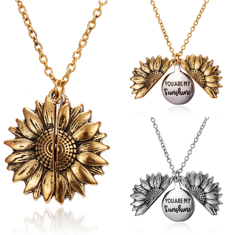 

You Are My Sunshine Sunflower Necklaces For Women Silver Color Long Chain Can Open Flower Pendant Necklace Jewelry Gifts