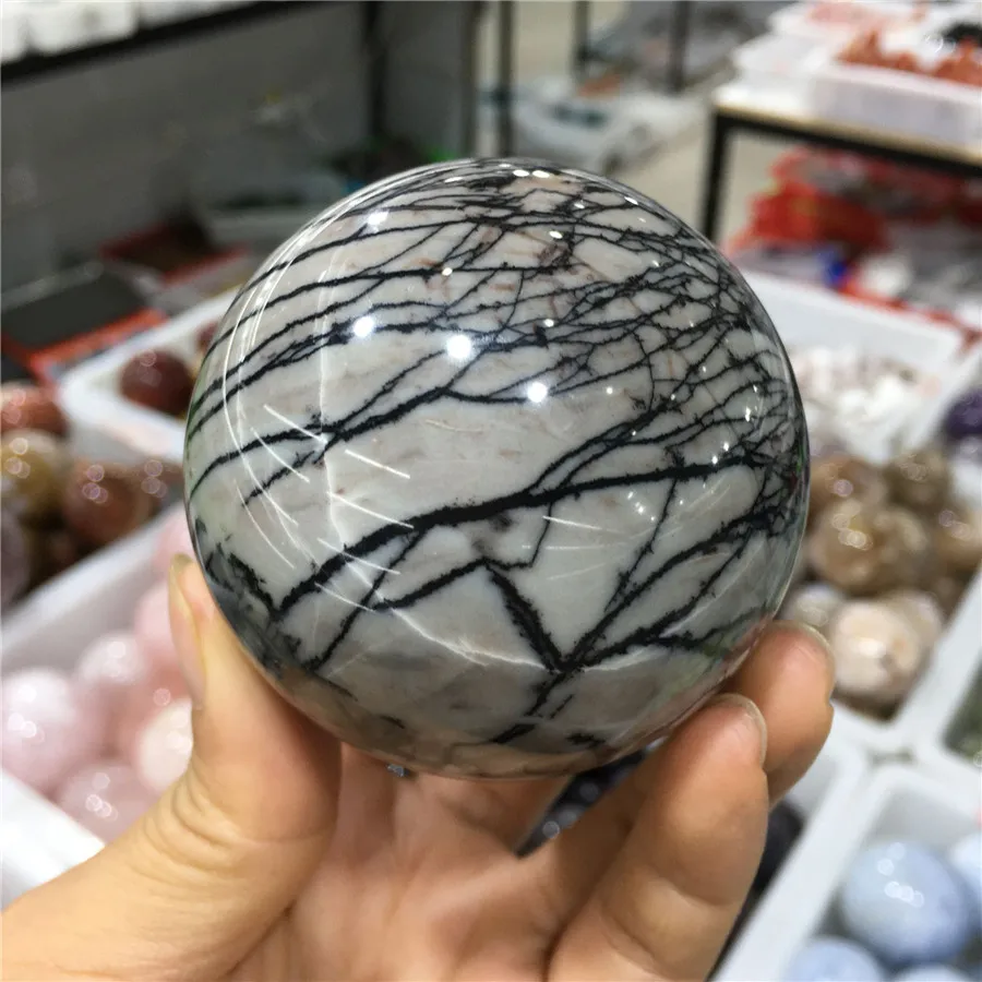 

55-70mm Natural Black Druzy Network Stone Sphere Points Healing Energy Ball Home Decoration