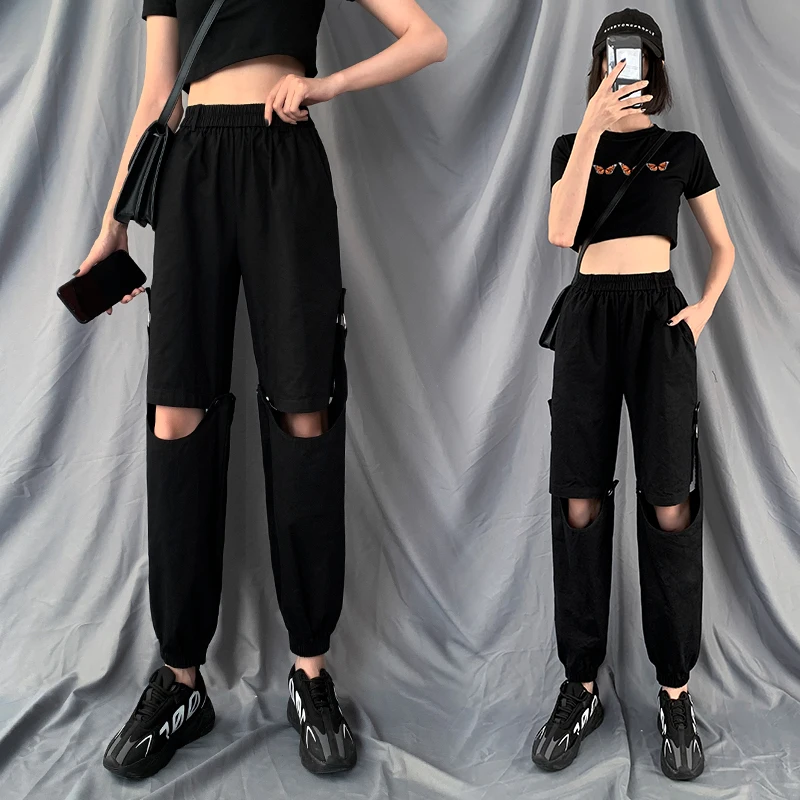 

Women Cargo Pants 2021 Harem Pants Two Ways To Wear Button Punk Jogger Trousers Harajuku Elastics High Waist Pant Streetwear