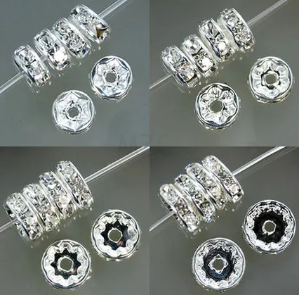 

6 mm 8 mm 10 mm 12 mm ,each size 100 Pieces, White Crystal Rhinestone Rondelle Spacer, Silver Plated OES ndf2