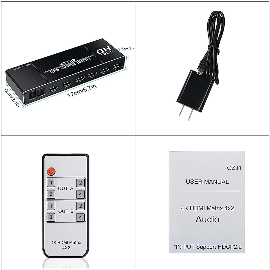 

4K 4x2 HDMI Matrix Switch 4 in 2 Out Matrix HDMI Video Switcher Splitter with Optical L/R Audio Extractor EDID IR Remote