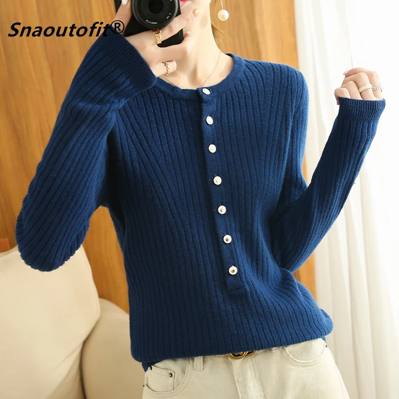 

Snaoutofit 2021 Spring Autumn New Style 100% Pure Wool Sweater Ladies V-Neck Wild Loose Knit Bottoming Shirt Short Sweater M-XXL