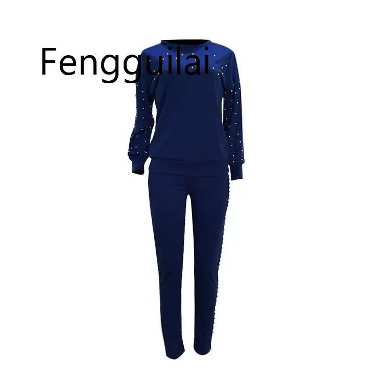 FENGGUILAI новые модные комплекты из 2 предметов синие Черные женские костюмы повседневные топы с жемчугом и круглым вырезом+ штаны комплект из двух предметов набор для бегунов