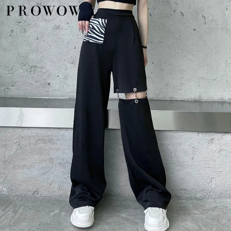 

Prowow Women's Pants Spring Hollow Pants Hong Kong Style Impression Of High Waist In Casual Straight Line Oversized Sweatpants