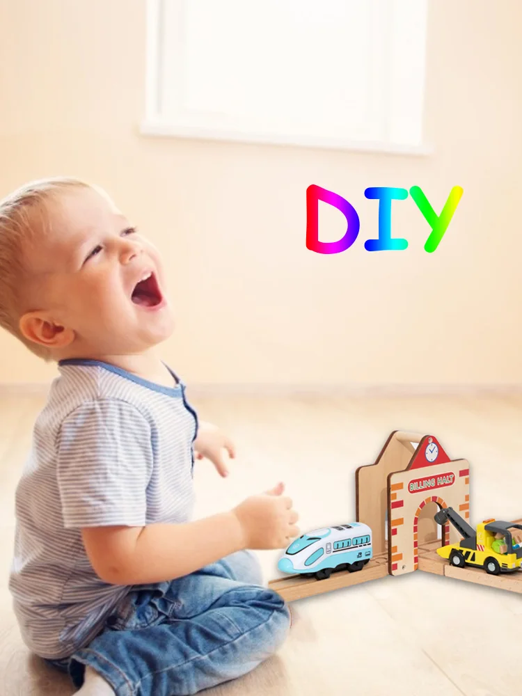

DIY Wooden Rail Transfer Station Toy For Kids Educational Wood Block Train Toys Compatible With Wooden Brio Tracks For KIds