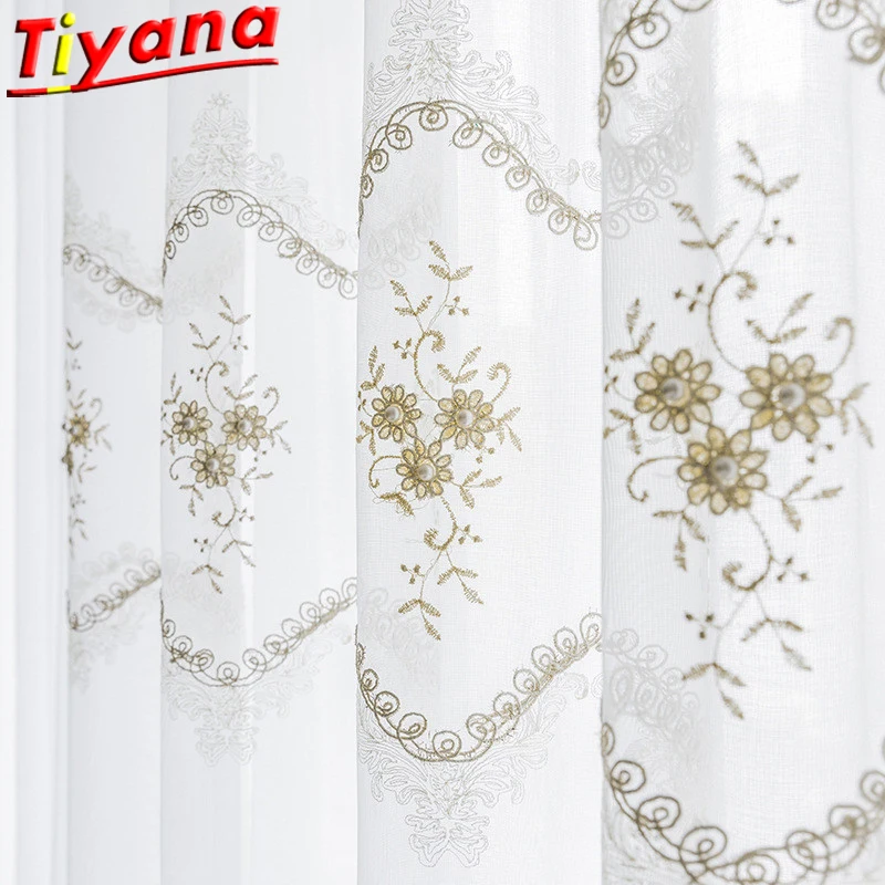 

European and American Pearl Embroidery Tulle for Living Room White Sheer Voile Tulle Pearl Curtains Hot Sale Curtains M200#GI