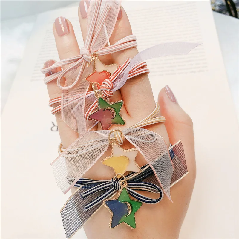 Милые Многослойные эластичные кружевные повязки для волос с бантом Луна Звезда