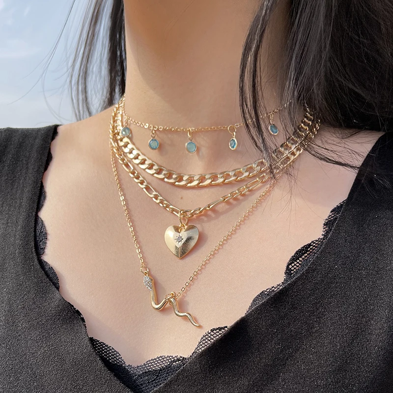 

Aprilwell 4 PCs Punk Necklaces Sets For Women Aesthetic Gold Color Cuban Link Chain Collar Heart Pendant Snake Drop Jewelry