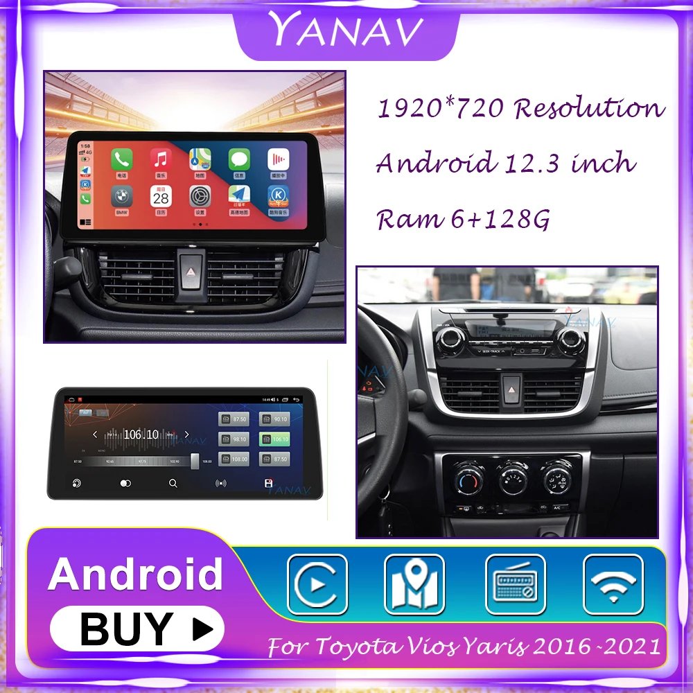 

Автомобильный радиоприемник 12,3 дюйма, Android, GPS-навигация для Toyota Vios Yaris 2016-2021, стереоприемник, Мультимедийный MP3-плеер с Carplay