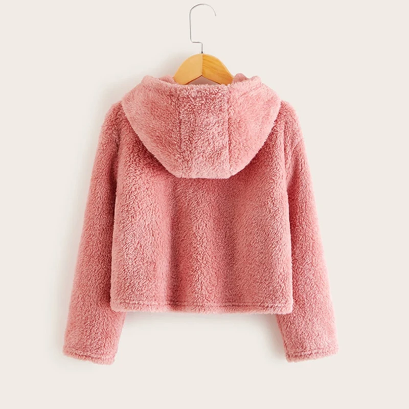 SHEIN Kiddie розовый вышитый спереди Повседневный плюшевый худи детские топы Весна длинный рукав подростковые Осенние милые свитшоты
