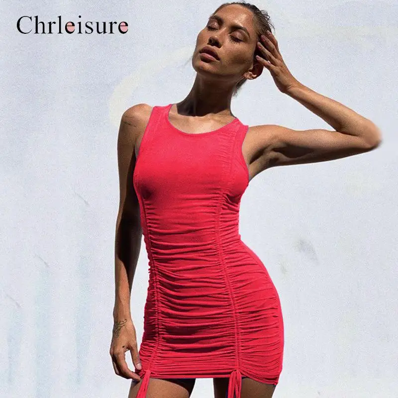 

Sexy Solid Dress Sleeveless Bodycon Dress Women O-Neck Ruched Dresses Feminina Summer Dress 2020