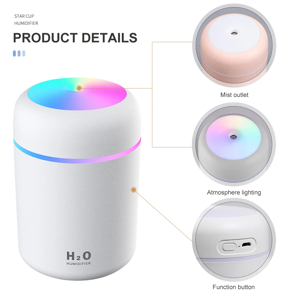 

Portable 300ml Humidifier USB Ultrasonic Dazzle Cup Aroma Diffuser Cool Mist Maker Humidifier Purifier with Romantic Lights
