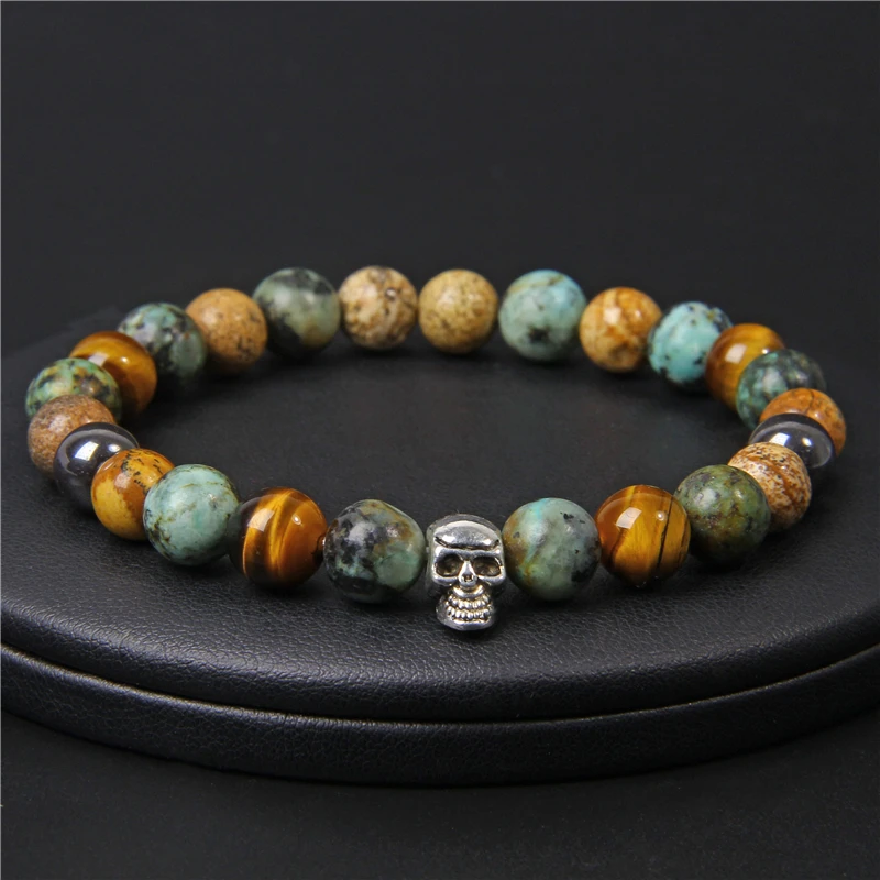 Модный браслет с черепом для мужчин и женщин натуральный камень тигровый глаз
