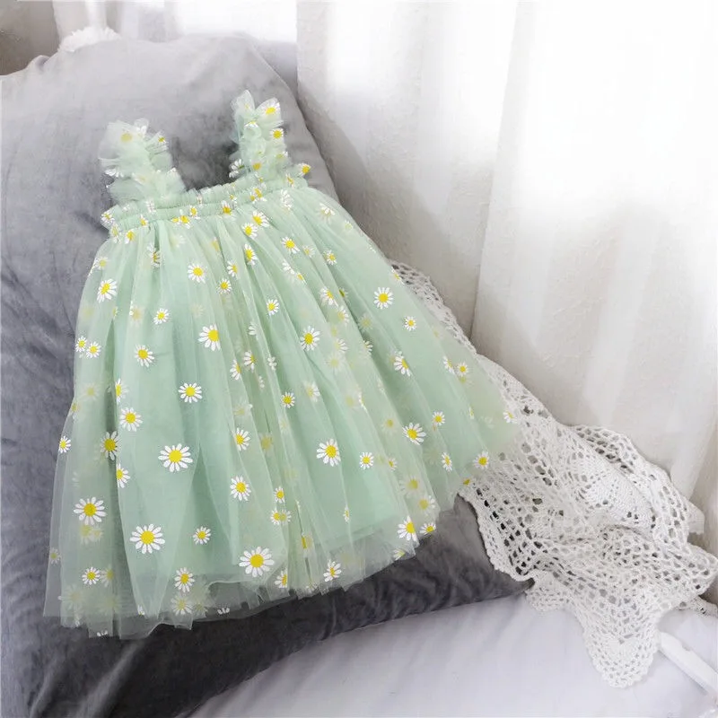 MERI AMMI Children Girl Clothing  Sleeveless Floral Daisy Party Daily Knee Length Mesh Dress For 1-13 Year Kids baby dresses