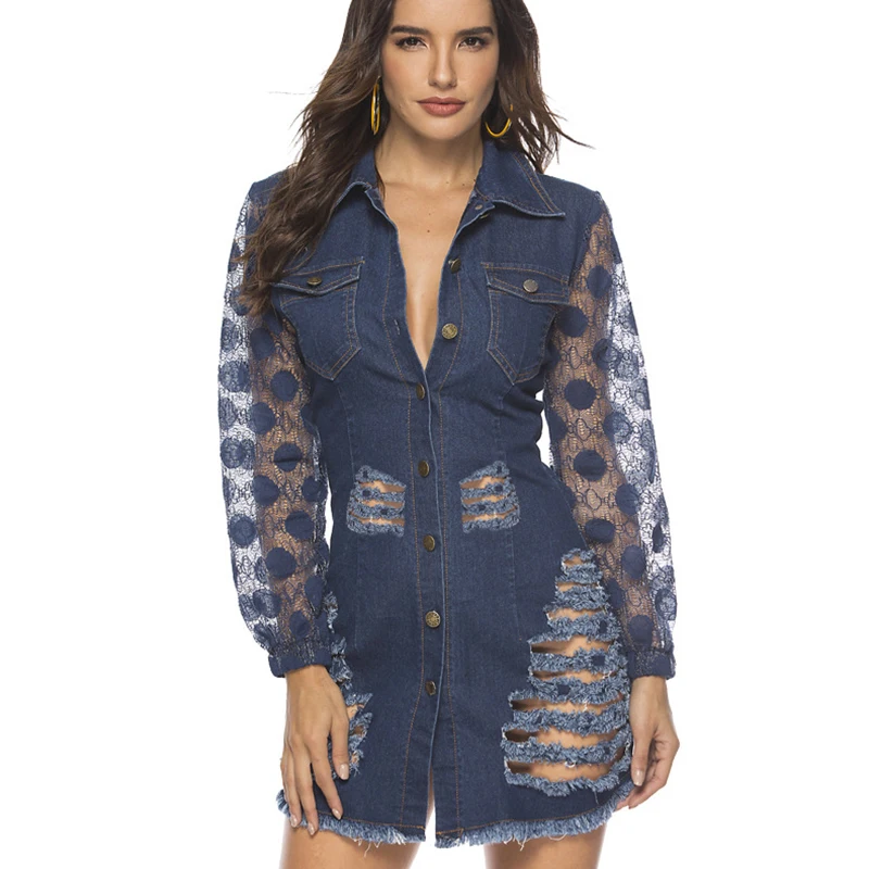 

Women's Denim Dress lace Stitching Hole Tight Fashion Sexy Beach Dresses M-XXL