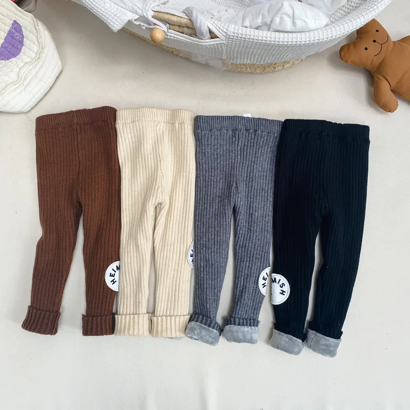 

WLG брюки для девочек и мальчиков детские брюки зимние вязаные бархатные плотные серые черные бежевые коричневые брюки Детские Теплые повсе...