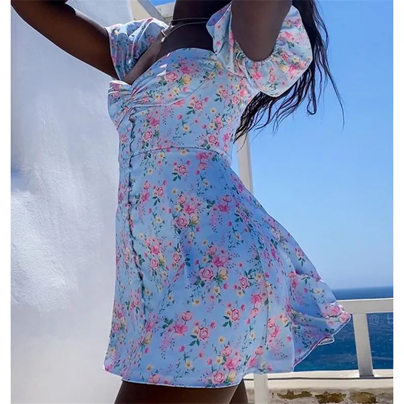 

Zomer Vrouwen Bloemenprint Backless Mini Jurk Sexy Off Shoulder Lantaarn Mouwen Party Jurken Tuniek Zonnejurk Fashion 2021Nieuwe
