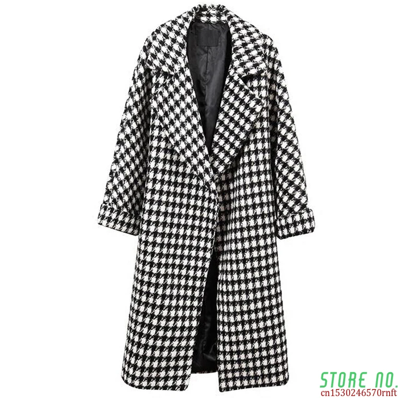 

Plaid Wool Winter Coat Women Thick Warm Black White Plaid Casual Long Coat Turn-down Collar Loose Soft 2021 New Coat