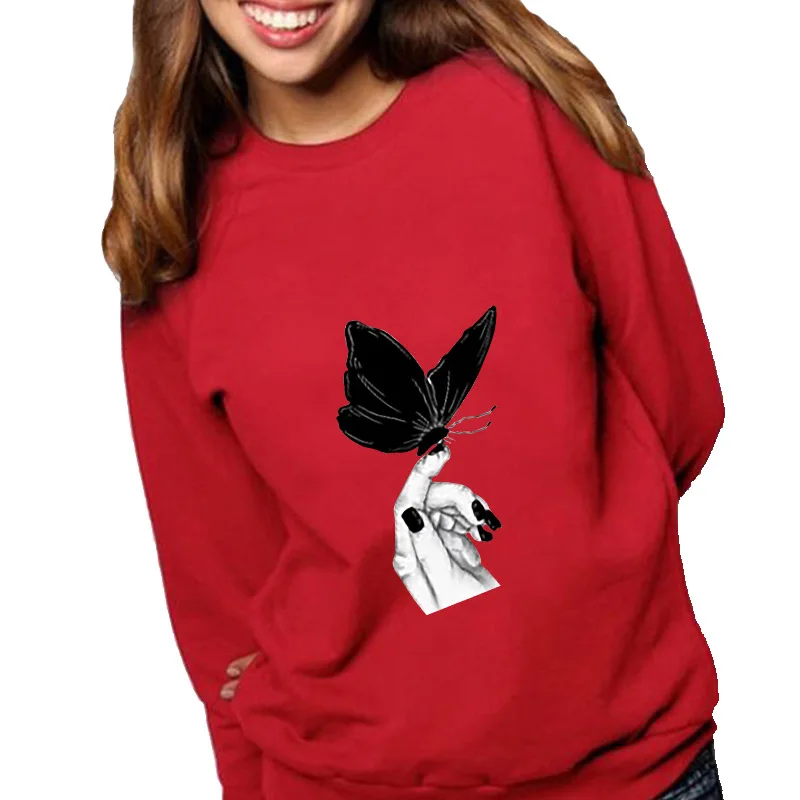 

Women Hoodie Fingertip Butterfly Printed Hoodies Women Fleece Long Sleeve O Neck Loose Sweatshirt Girls Pullovers Winter