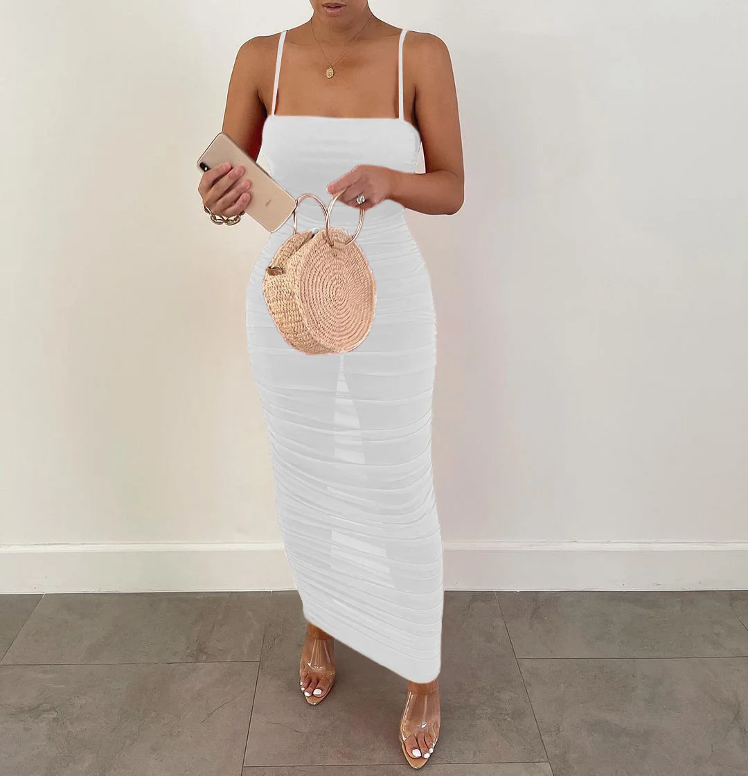 

Summer Fashion Trend Of Women's Clothing, Pure Color, Mesh Perspective, Sexy Sling, Pleated Temperament Dress, Women