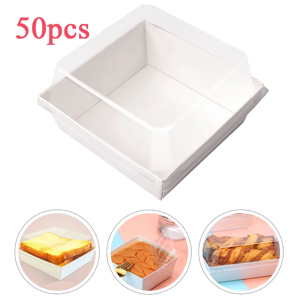 

50Pcs Baking Packing Box For Cake Box Square Cake Packaging Boxes Thicken Boxes Food Packing Boxes With Transparent Cover Party