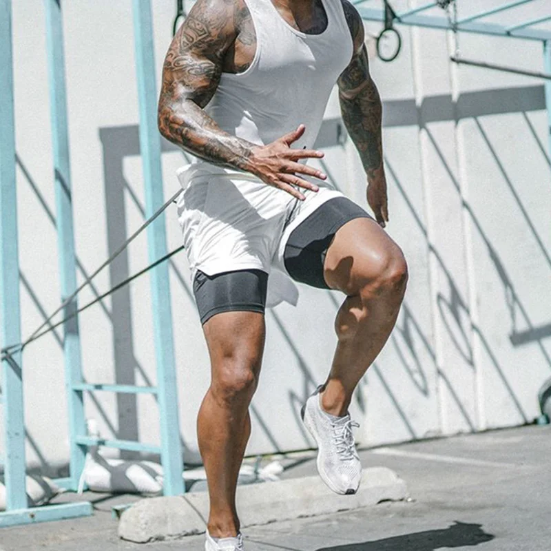 

New Quick Dry Sport Short For Men Double layer Jogger Shorts Gyms Fitness Built-in pocket Male Sweatpants Mens Beach Shorts