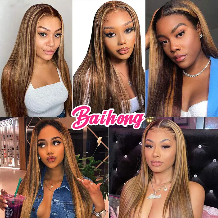 Middle Part Lace Wig 4/27 Bone Straight 180% Density Mongolian Lace Closure Wig Honey Blonde Pre Plucked T Part Lace Front Wig enlarge