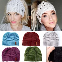 new women girls autumn winter warm empty top hat messy high bun ponytail beanie stretch knit colorful hole cap hot fashion