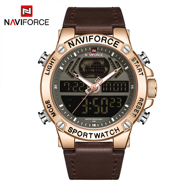 Rose Gold Brown NAVIFORCE мужские часы Топ люксовый бренд спортивные цифровые наручные часы водонепроницаемые с двойным дисплеем военные мужские часы Relogio Masculino - Цвет: Rose Gold Brown
