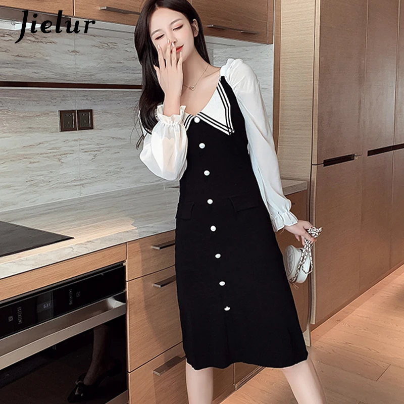 Jielur осень зима с 2021 Новое Черное женское платье привлекательное завышенной