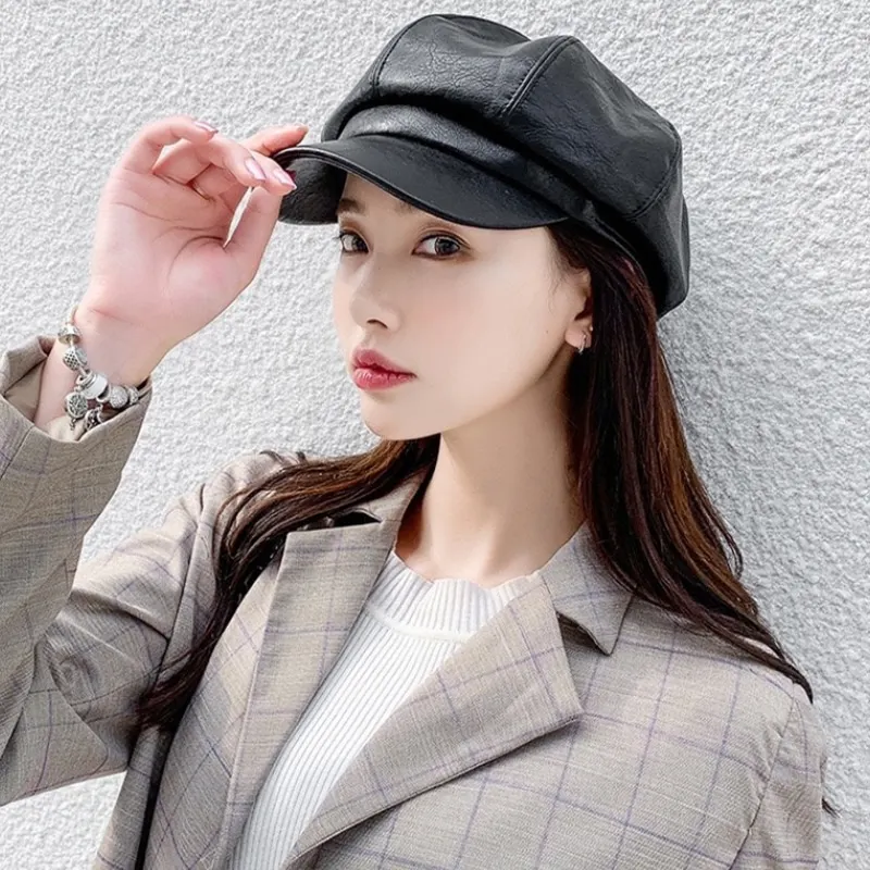 

Women Leather Newsboy Cap Fashion Berets Artist PU Leather Female Octagonal Caps Outdoor Autumn Winter Casual Beret Hat