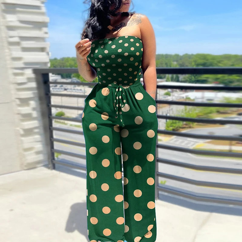 

Fashion Breast High Elastic Strapless Jumpsuit Women Pocket Wide Leg Party Romper Lady Vintage Striped Casual Overalls Playsuits