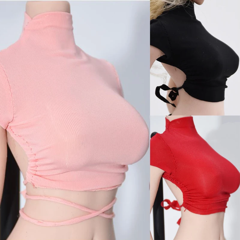 

Женская сексуальная одежда в масштабе 1/6, облегающий жилет из ледяного шелка, футболка с глубоким вырезом, красная, розовая, бежевая, белая, п...