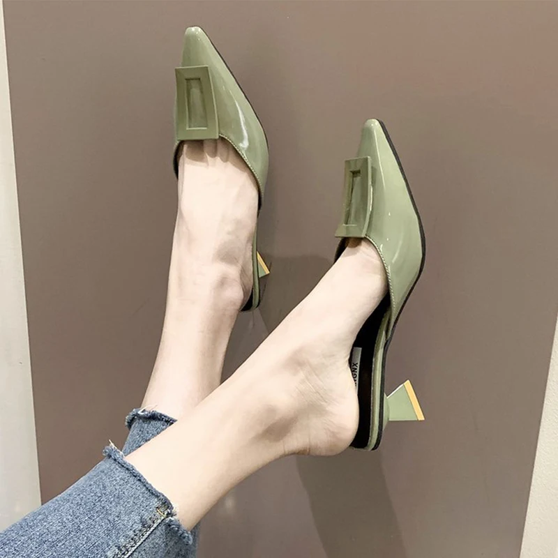 Shoes Woman 2019 Fashion Pointed Toe Women High Heel Slippers Thick PU Leather Female Casual Zapatos Mujer | Обувь