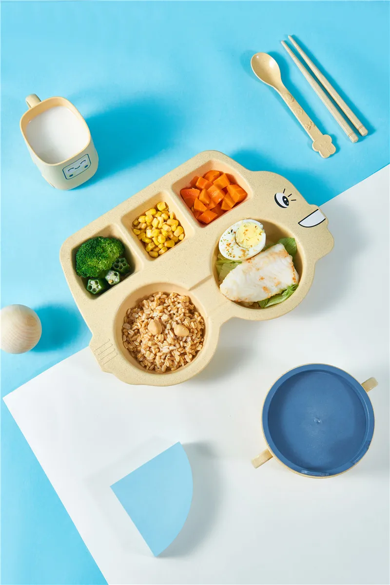 New cute car crab 6-piece set of tableware bowl spoon cup fork wheat straw environmentally friendly grid plate binaural mil | Мать и