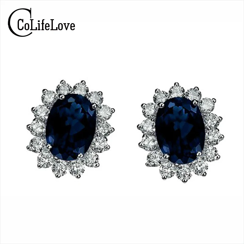 Женские классические серьги из серебра 925 пробы с подлинным черным сапфиром|earrings