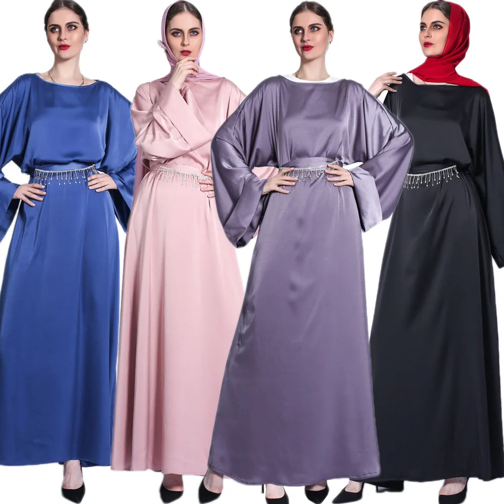 Длинное атласное платье в мусульманском стиле, 7 цветов