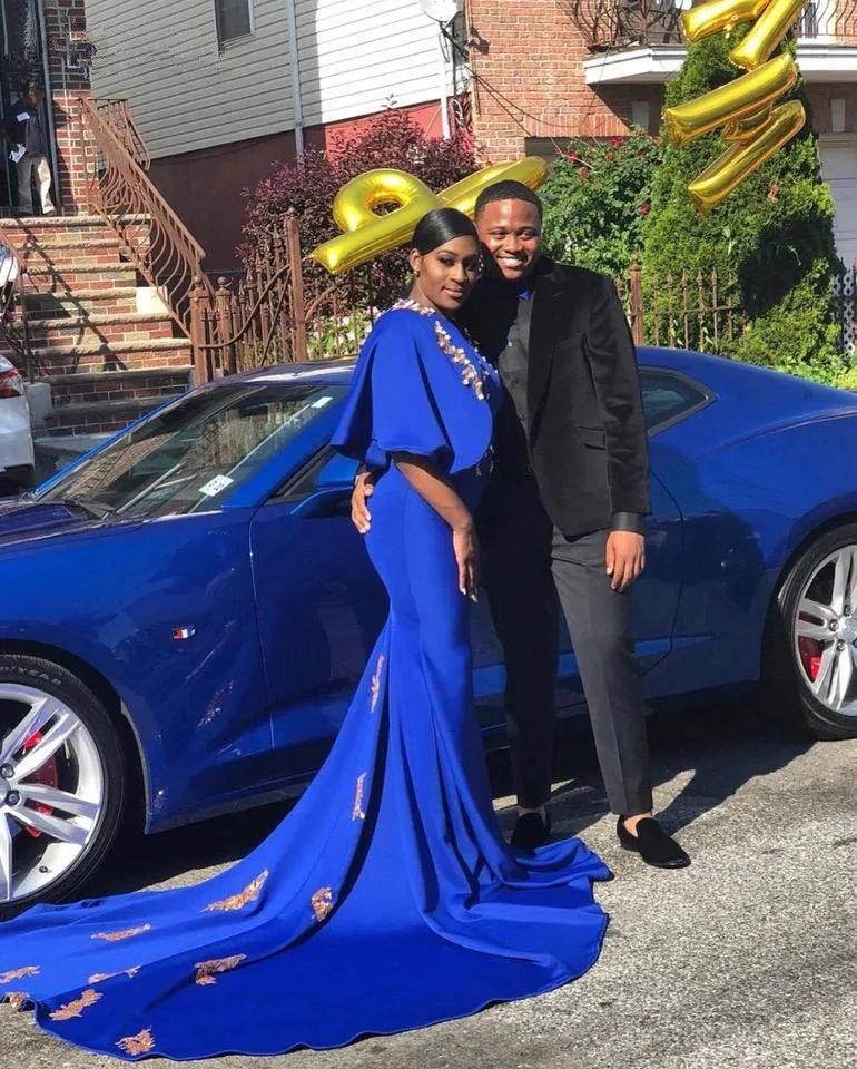 Женское вечернее платье-русалка длинное синее платье с золотистой аппликацией и