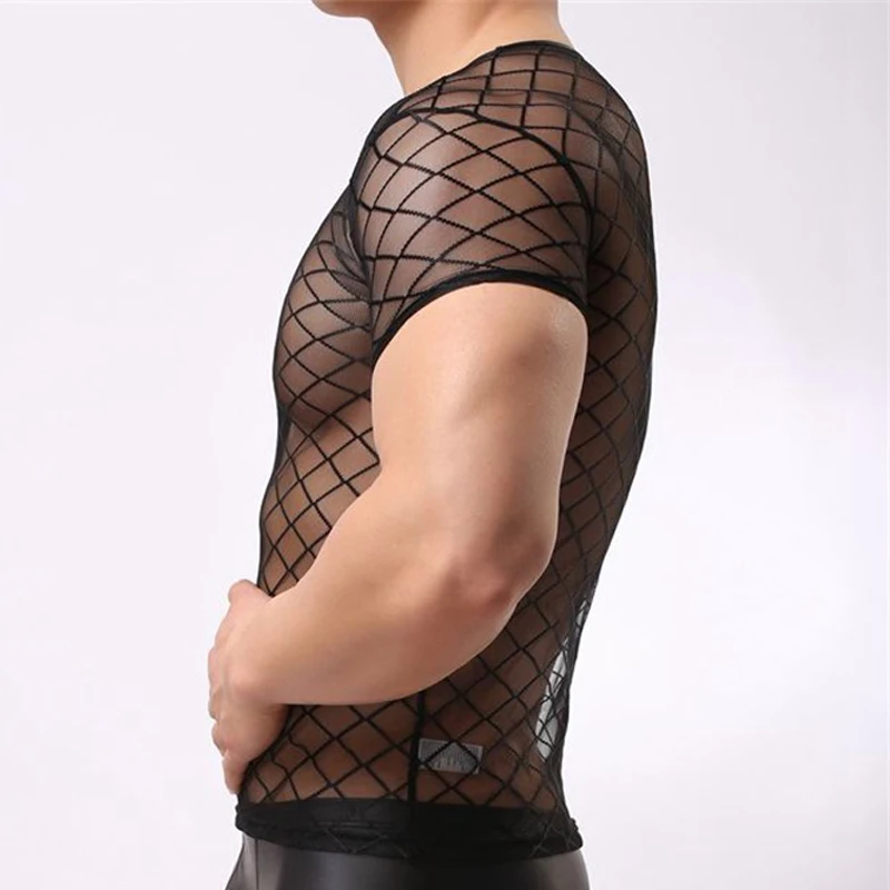 Mens Mesh Tops Sports Sheer Lingerie Slim Fit Gym Transparent T-shirt Top Clubwear Sexy Fish Net Muscle Tee T Shirt | Мужская одежда