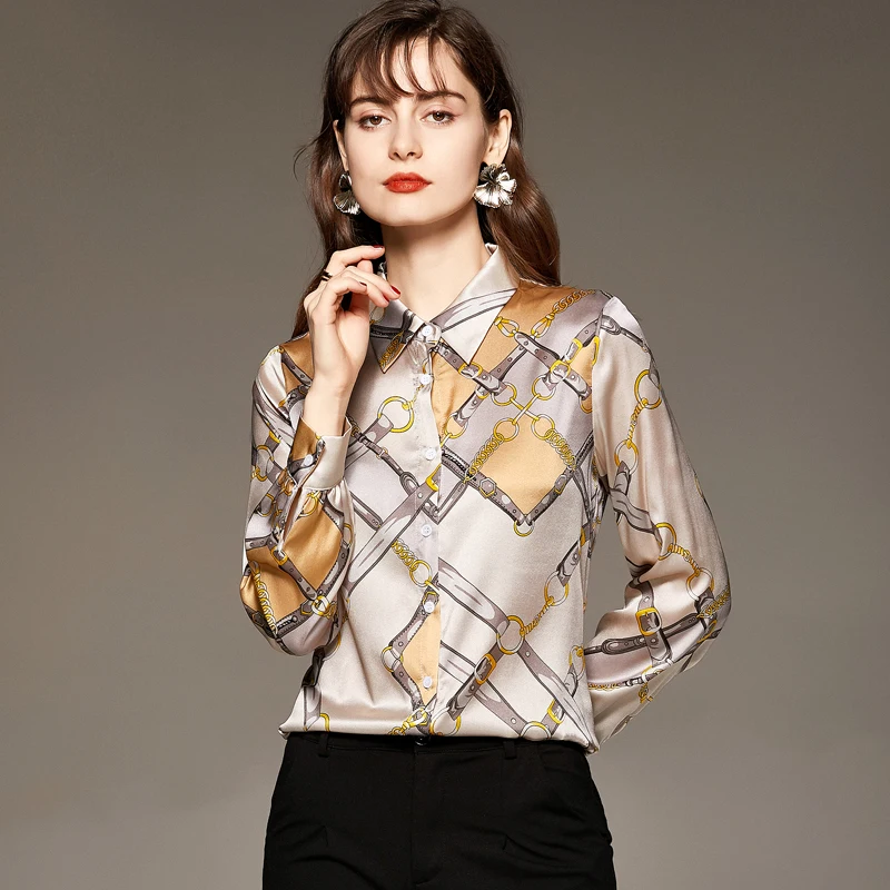 

95% Silk 5% Spandex Women's Shirt Turn Down Collar Long Sleeves Printed Elegant Fashion Blouse Camisas