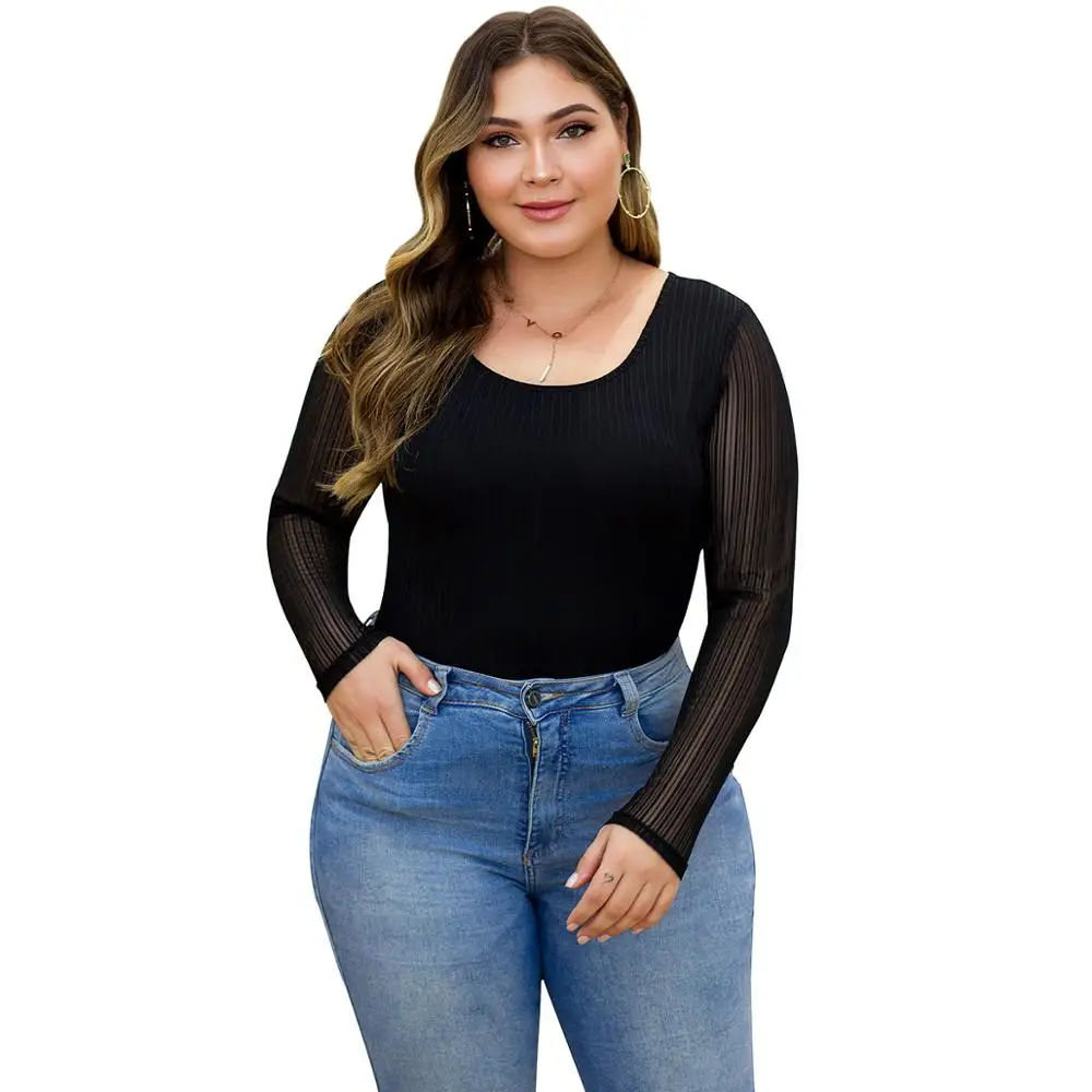 Осенние черные женские боди больших размеров 3XL 4XL с круглым вырезом и длинным