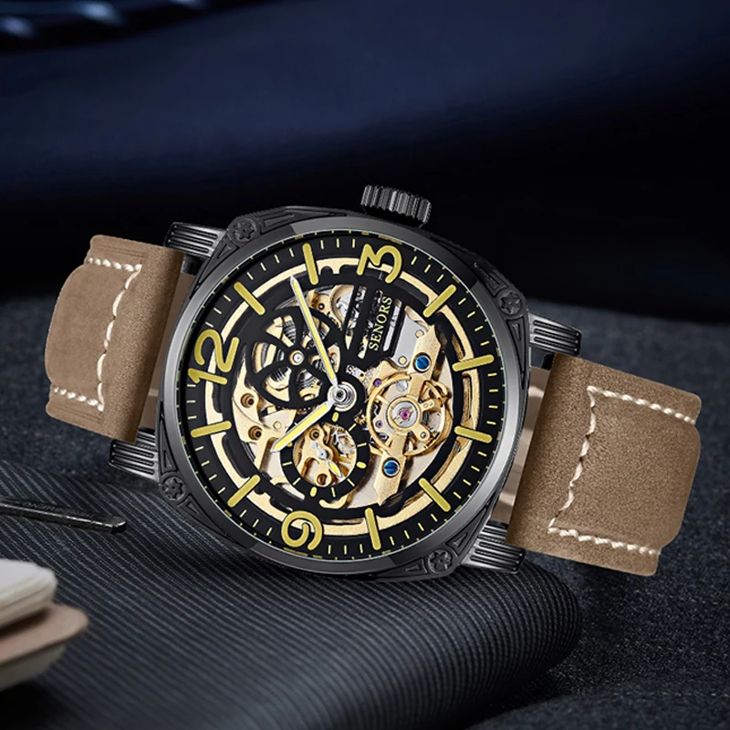 Luxury Men Automatic Mechanical Watch Black Men's Watches Skeleton Self Winding Roman Numbers Analog Leather Wrist Clock