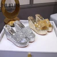 peep toe high heel wedge sandals 2021 summer new sequin womens shoes fashion casual gold silver shiny rhinestone women slippers