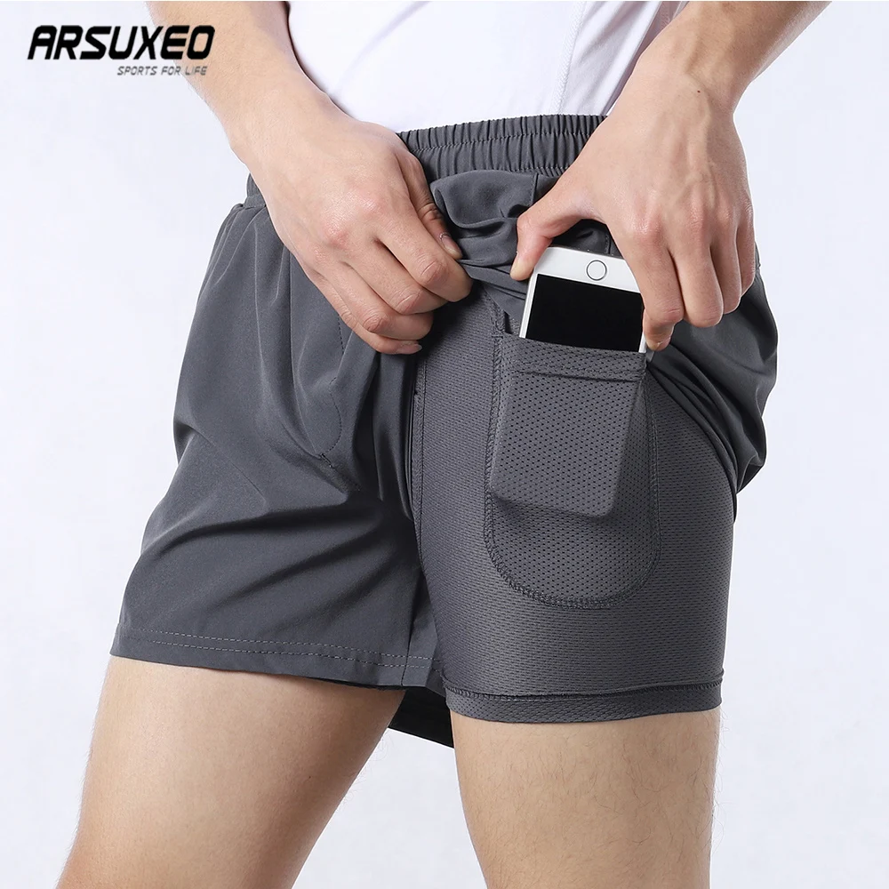 

ARSUXEO Men's 3 Inch Running Shorts 2 In 1 Quick Dry Training Marathon Fitness Jogger Gym Sport Shorts With Pocket