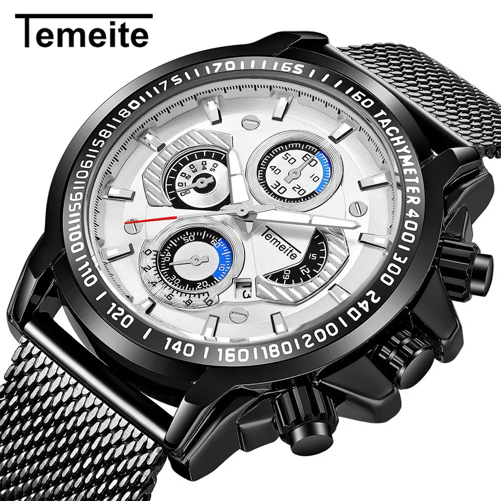 

TEMEITE White Black Quartz Watch Stainless Steel Mesh Band Waterproof Mens Watches Luxury Brand Luminous Sports Date Male Clock