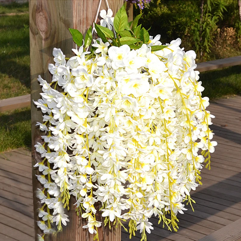 melhor 5 Ramos Cada Peça Artificial Seda Wisteria Pendurado Rattan Elegante Trevo Flor Videira Para Decoração De Casa Festa Casamento Decoração